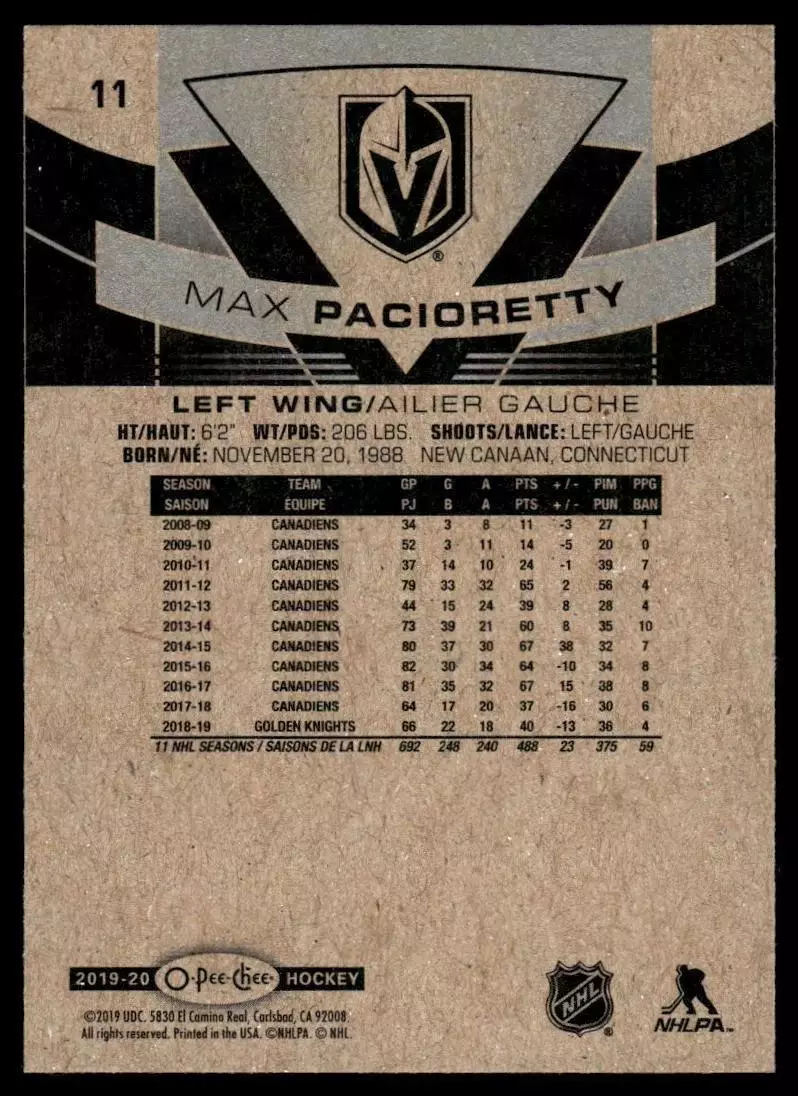 2019-20 O-Pee-Chee #11 Max Pacioretty 1