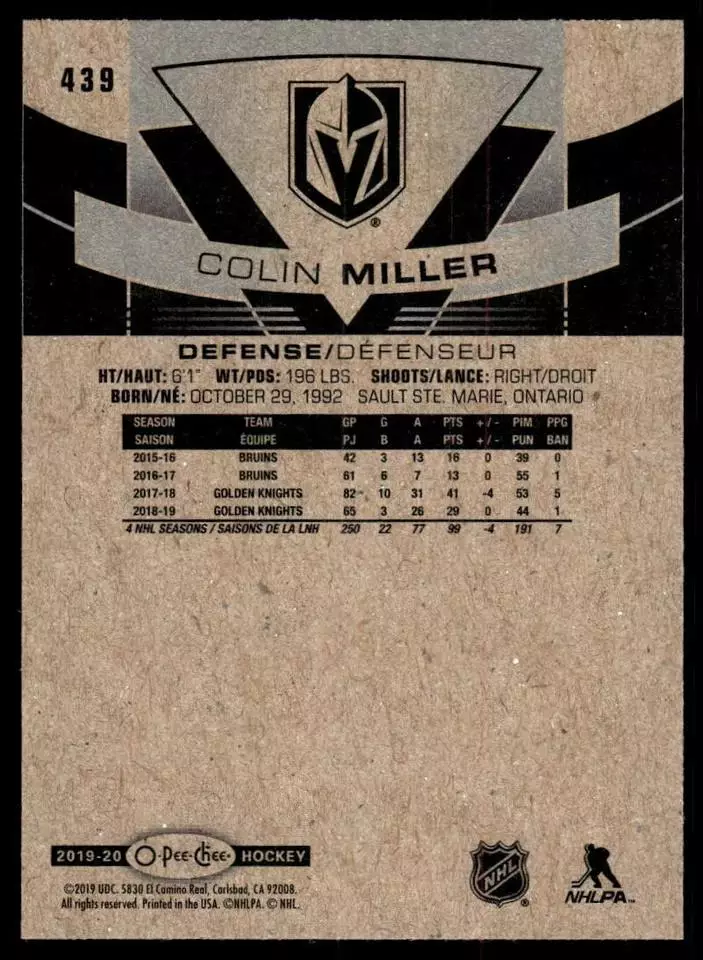 2019-20 O-Pee-Chee #439 Colin Miller 1