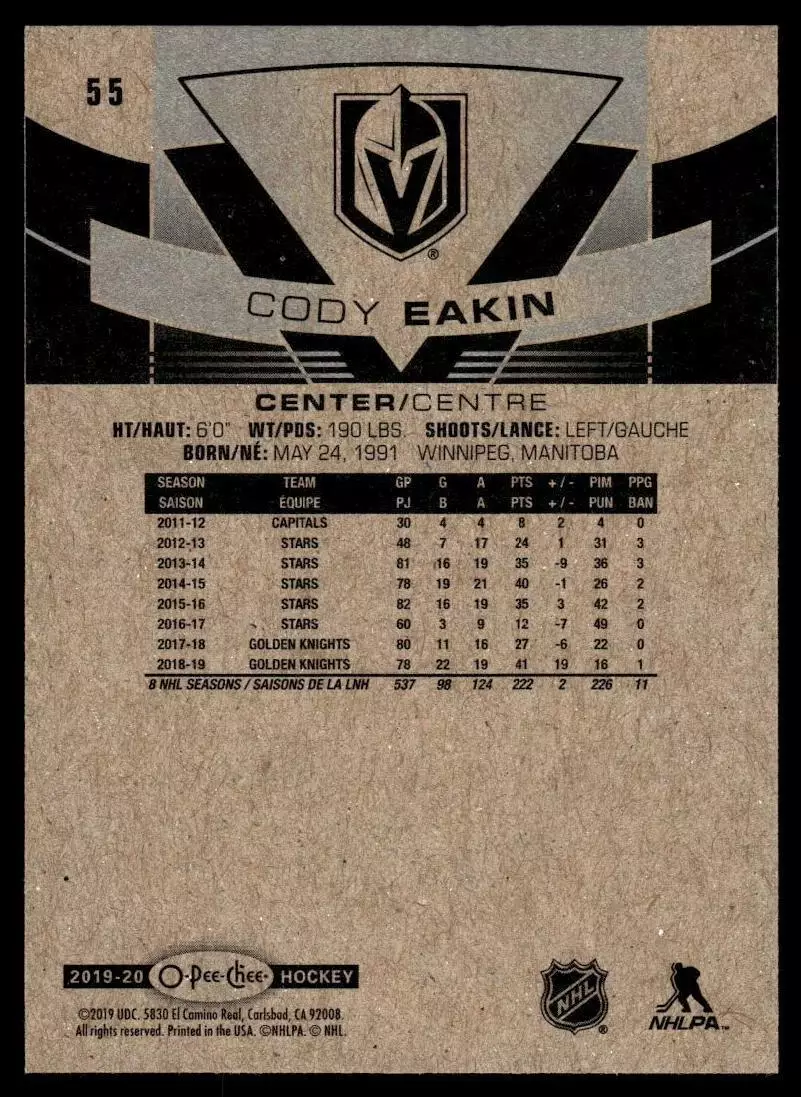 2019-20 O-Pee-Chee #55 Cody Eakin 1