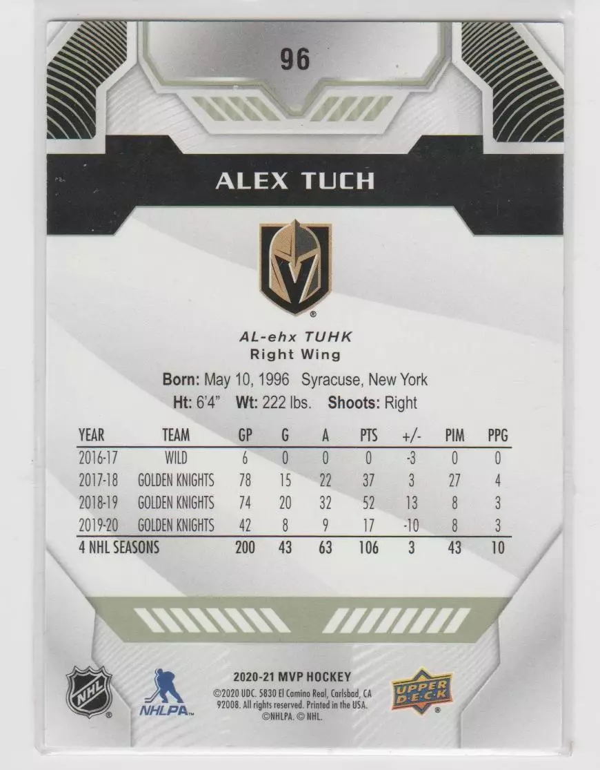 2020-21 Upper Deck MVP #96 Alex Tuch 1