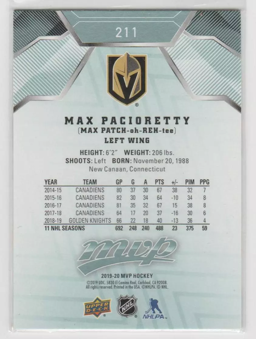 2019-20 Upper Deck MVP #211 Max Pacioretty SP 1