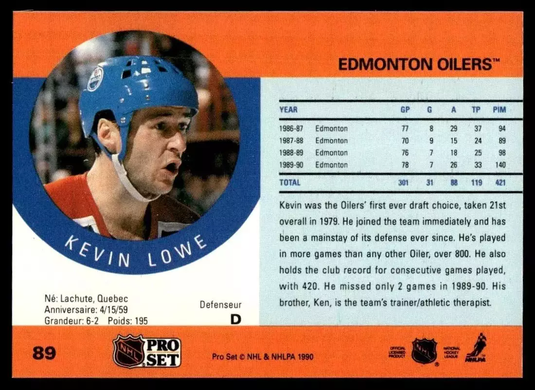1990-91 Pro Set #89 Kevin Lowe 1