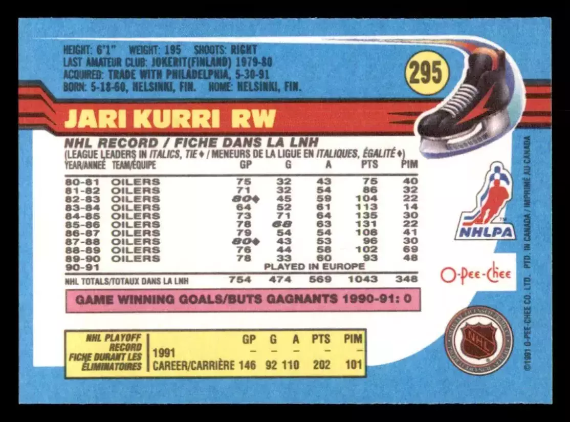 1991-92 O-Pee-Chee #295 Jari Kurri 1