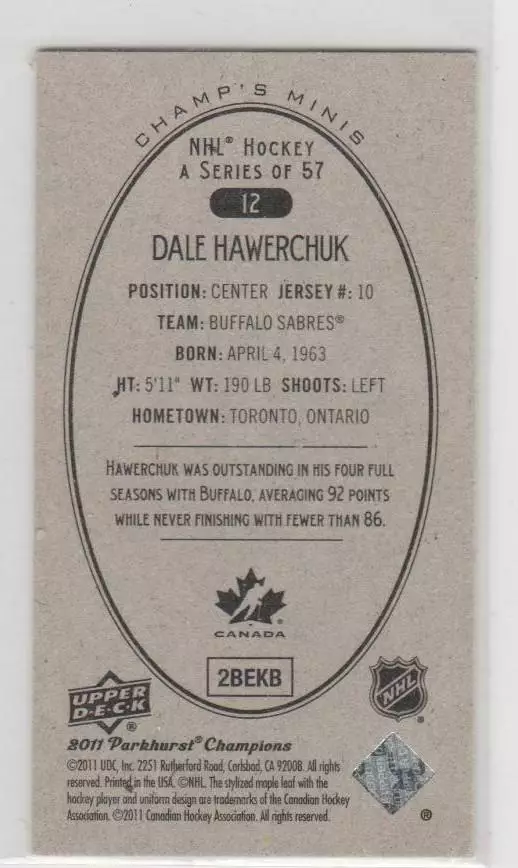 2011-12 Parkhurst Champions Champ's Mini Green Backs #12 Dale Hawerchuk 1