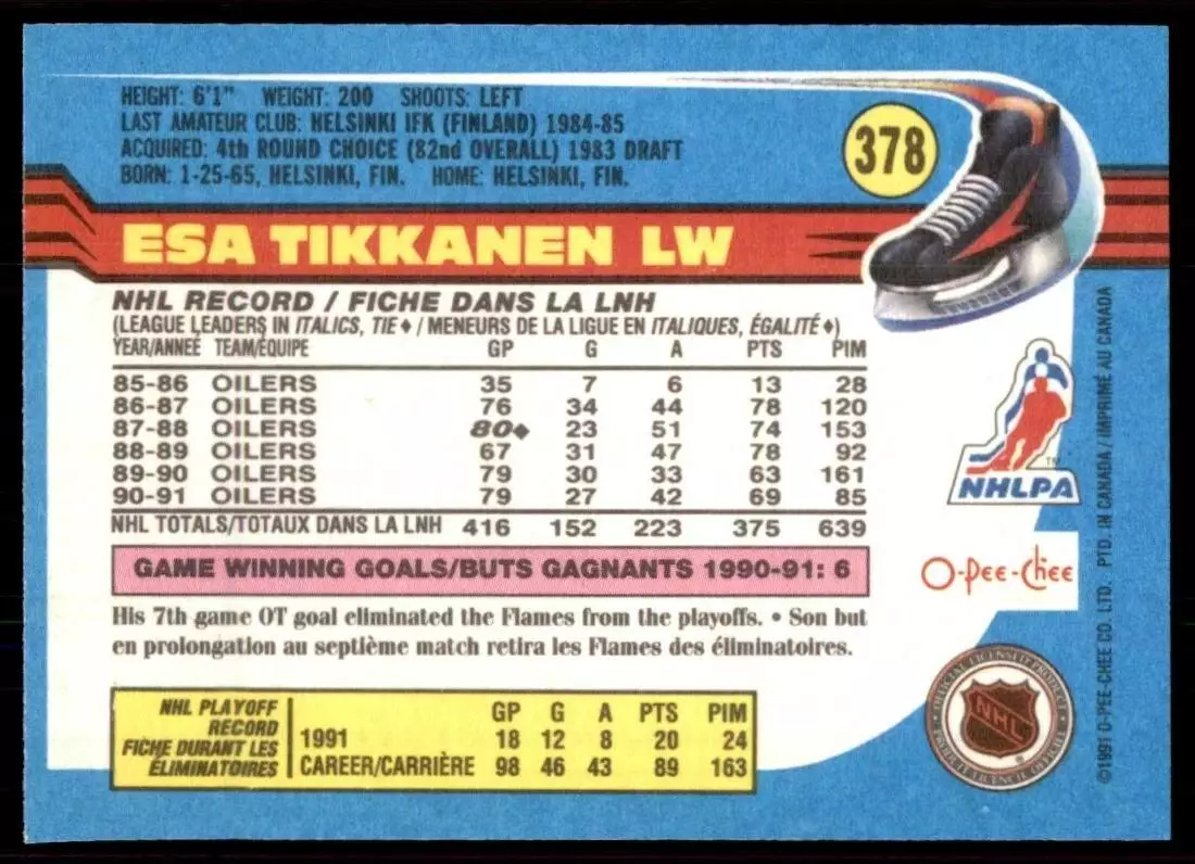 1991-92 O-Pee-Chee #378 Esa Tikkanen 1