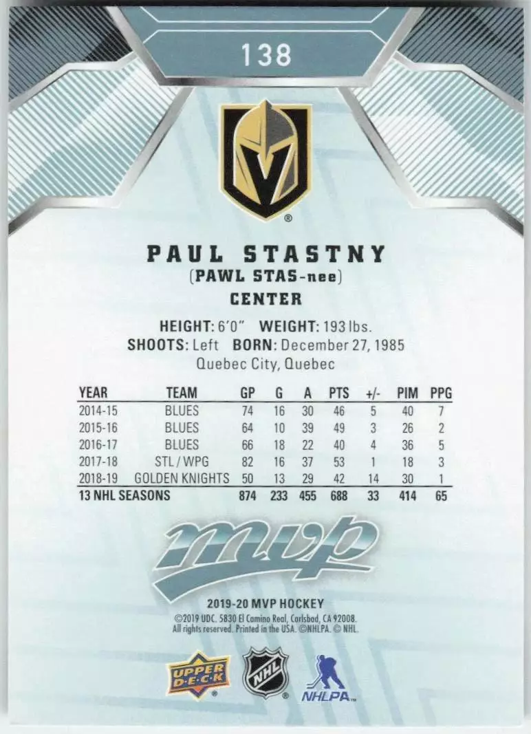 2019-20 Upper Deck MVP #138 Paul Stastny 1