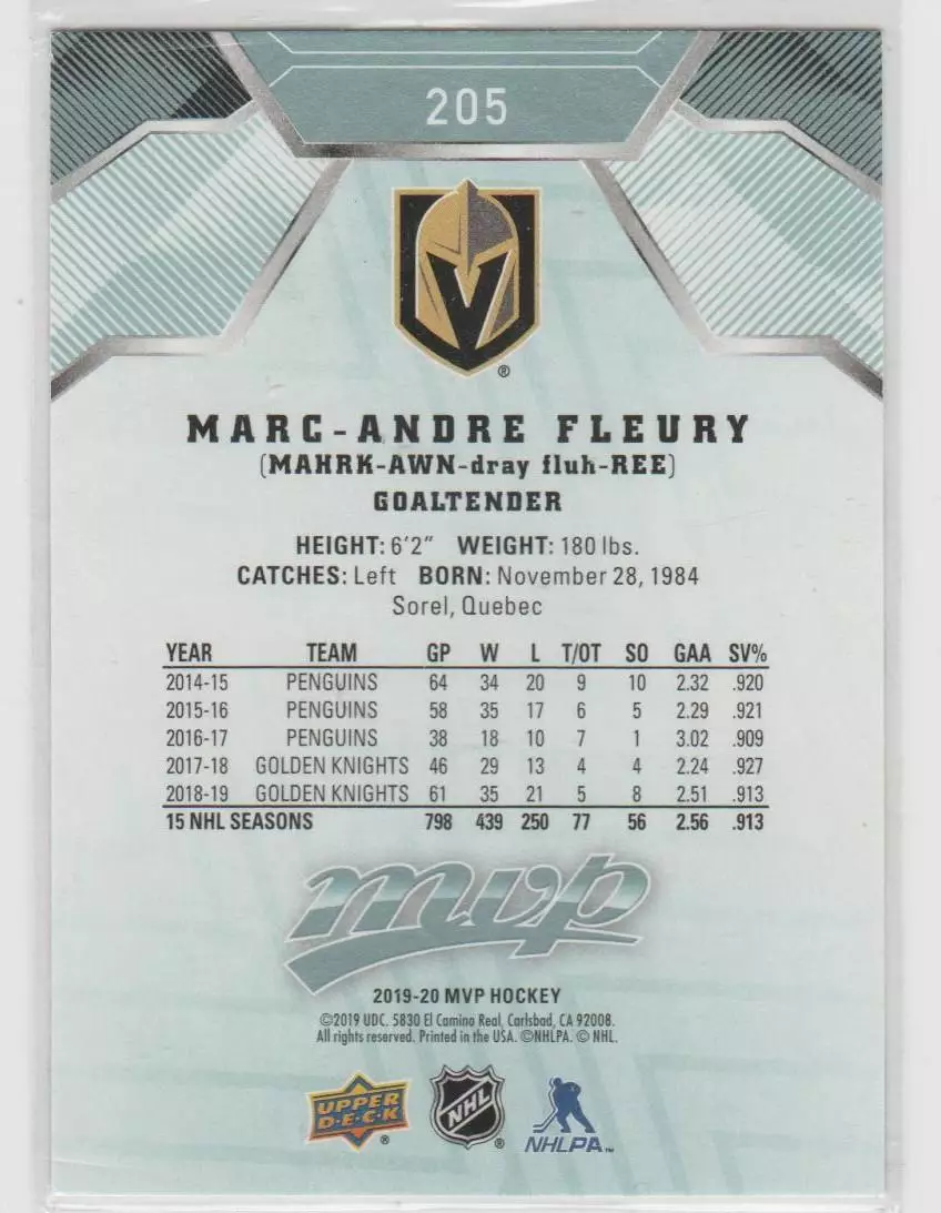 2019-20 Upper Deck MVP #205 Marc-Andre Fleury SP 1