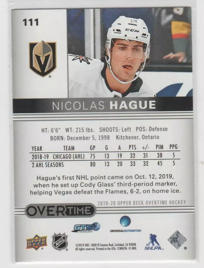 2019-20 Upper Deck Overtime #111 Nicolas Hague RC 1