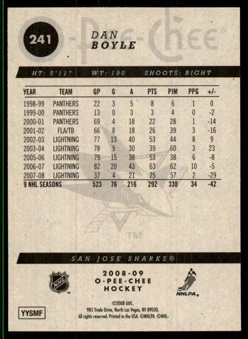 2008-09 O-Pee-Chee #241 Dan Boyle 1