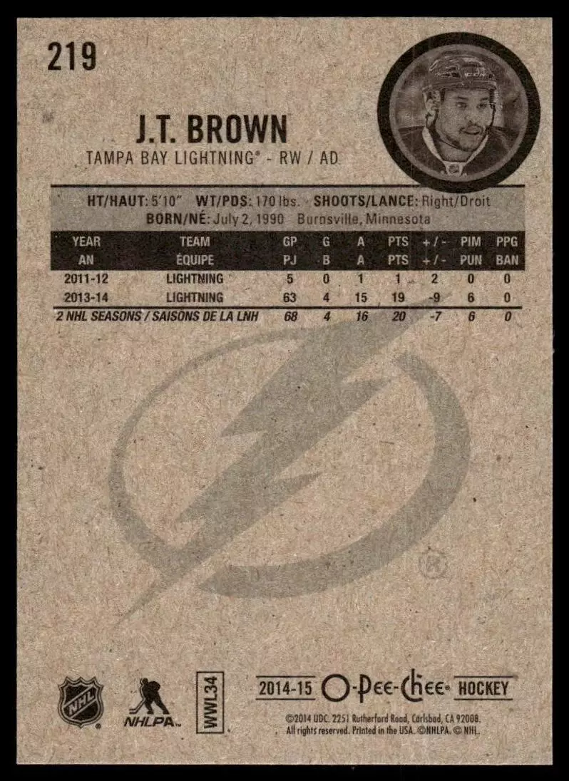 2014-15 O-Pee-Chee #219 J.T. Brown 1
