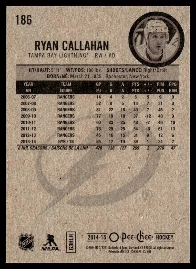 2014-15 O-Pee-Chee #186 Ryan Callahan 1