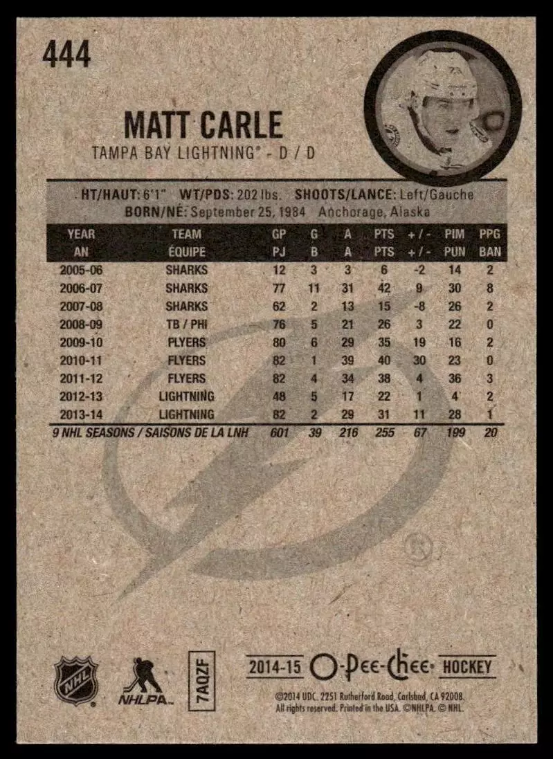 2014-15 O-Pee-Chee Black Rainbow #444 Matt Carle 1