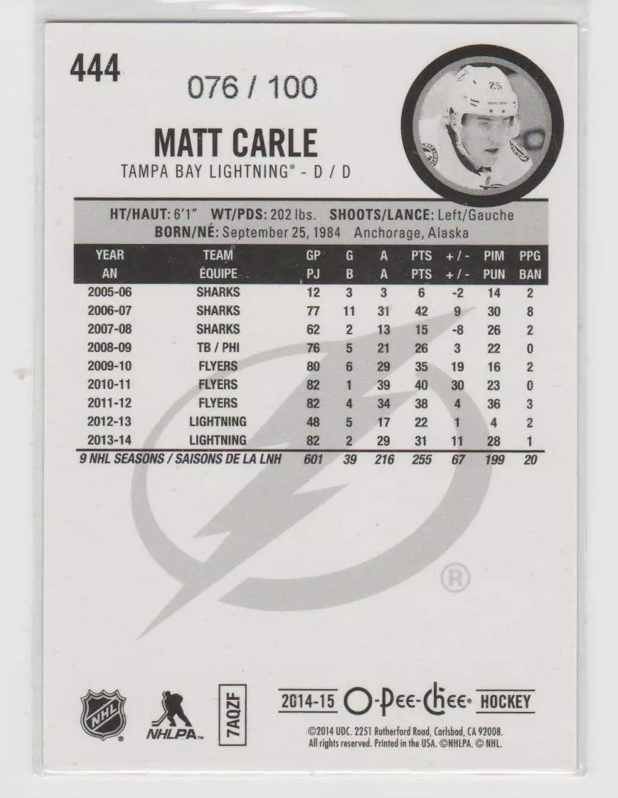 2014-15 O-Pee-Chee Black Rainbow #444 Matt Carle 76\100 1