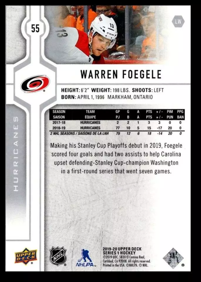 2019-20 Upper Deck #55 Warren Foegele 1