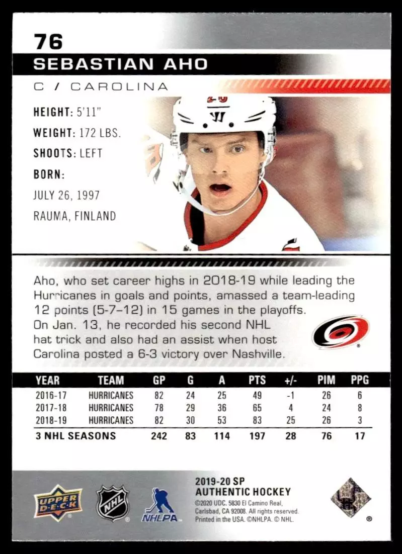 2019-20 SP Authentic #76 Sebastian Aho 1
