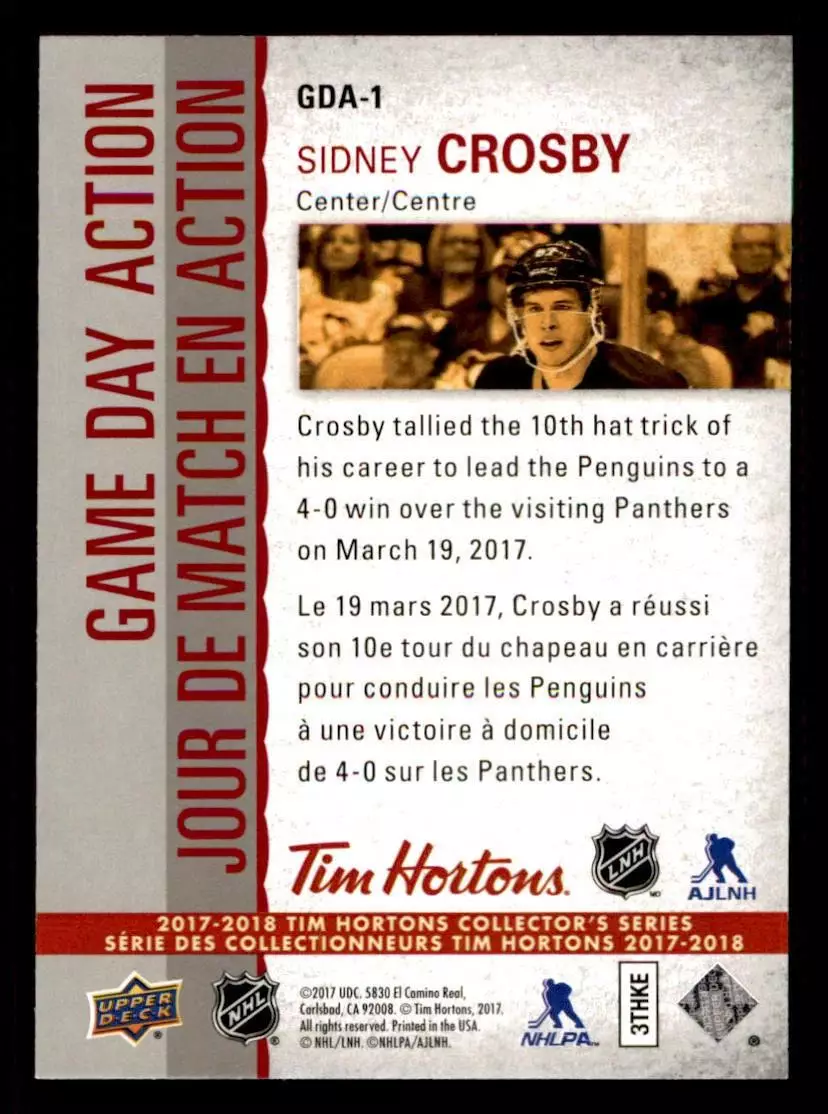 2017-18 Upper Deck Tim Hortons Game Day Action #GDA1 Sidney Crosby 1