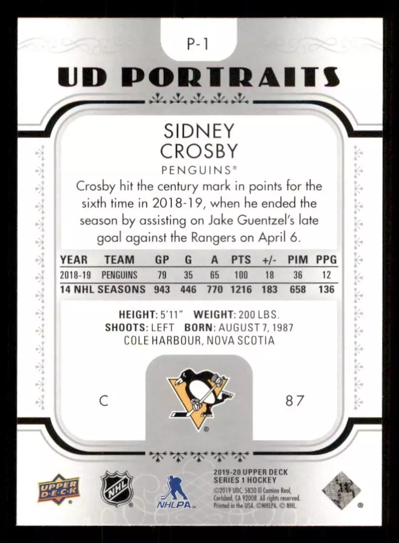 2019-20 Upper Deck UD Portraits #P1 Sidney Crosby 1