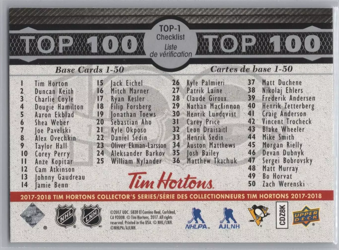 2017-18 Upper Deck Tim Hortons Top 100 #TOP1 Sidney Crosby 1