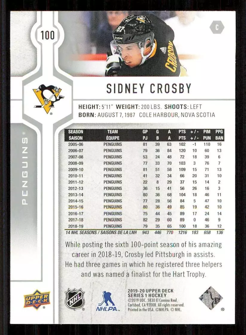 2019-20 Upper Deck #100 Sidney Crosby 1