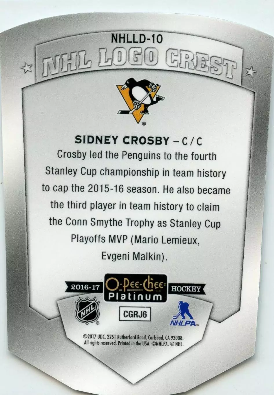 2016-17 O-Pee-Chee Platinum NHL Logo Crest Die Cuts #NHLLD10 Sidney Crosby 1