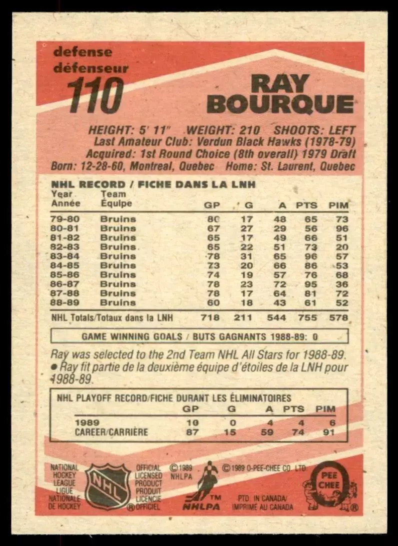 1989-90 O-Pee-Chee #110 Ray Bourque 1