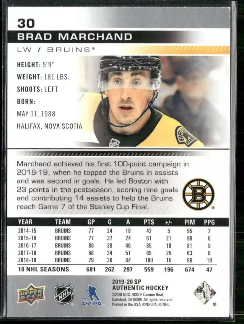 2019-20 SP Authentic #30 Brad Marchand 1