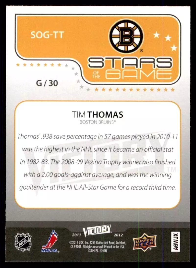 2011-12 Upper Deck Victory Stars of the Game #SOGTT Tim Thomas 1