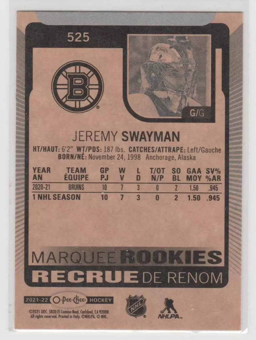 2021-22 O-Pee-Chee #525 Jeremy Swayman RC 1