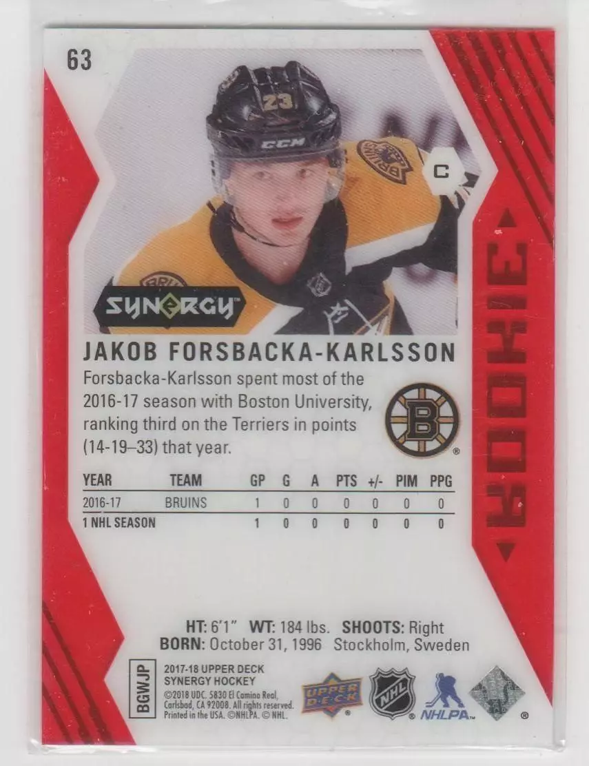 2017-18 Synergy Red #63 Jakob Forsbacka-Karlsson 1