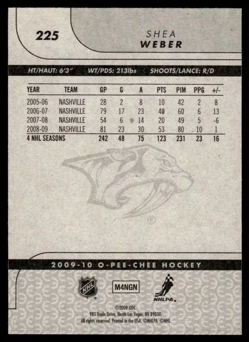 2009-10 O-Pee-Chee #225 Shea Weber 1