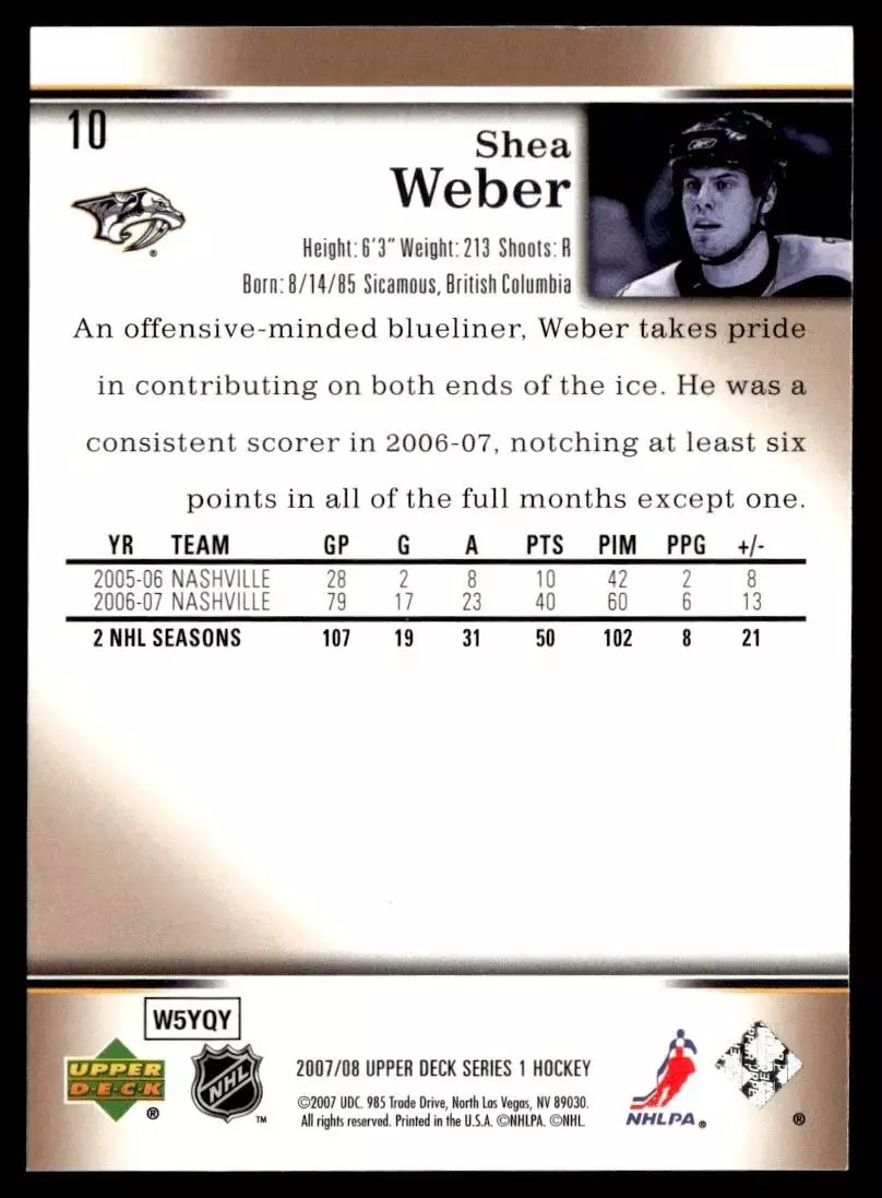 2007-08 Upper Deck #10 Shea Weber 1