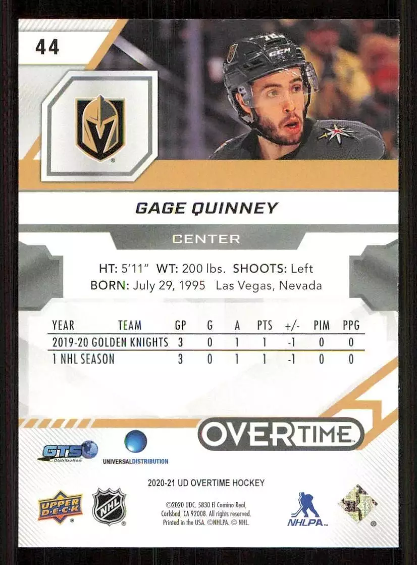 2020-21 Upper Deck Overtime #44 Gage Quinney RC 1