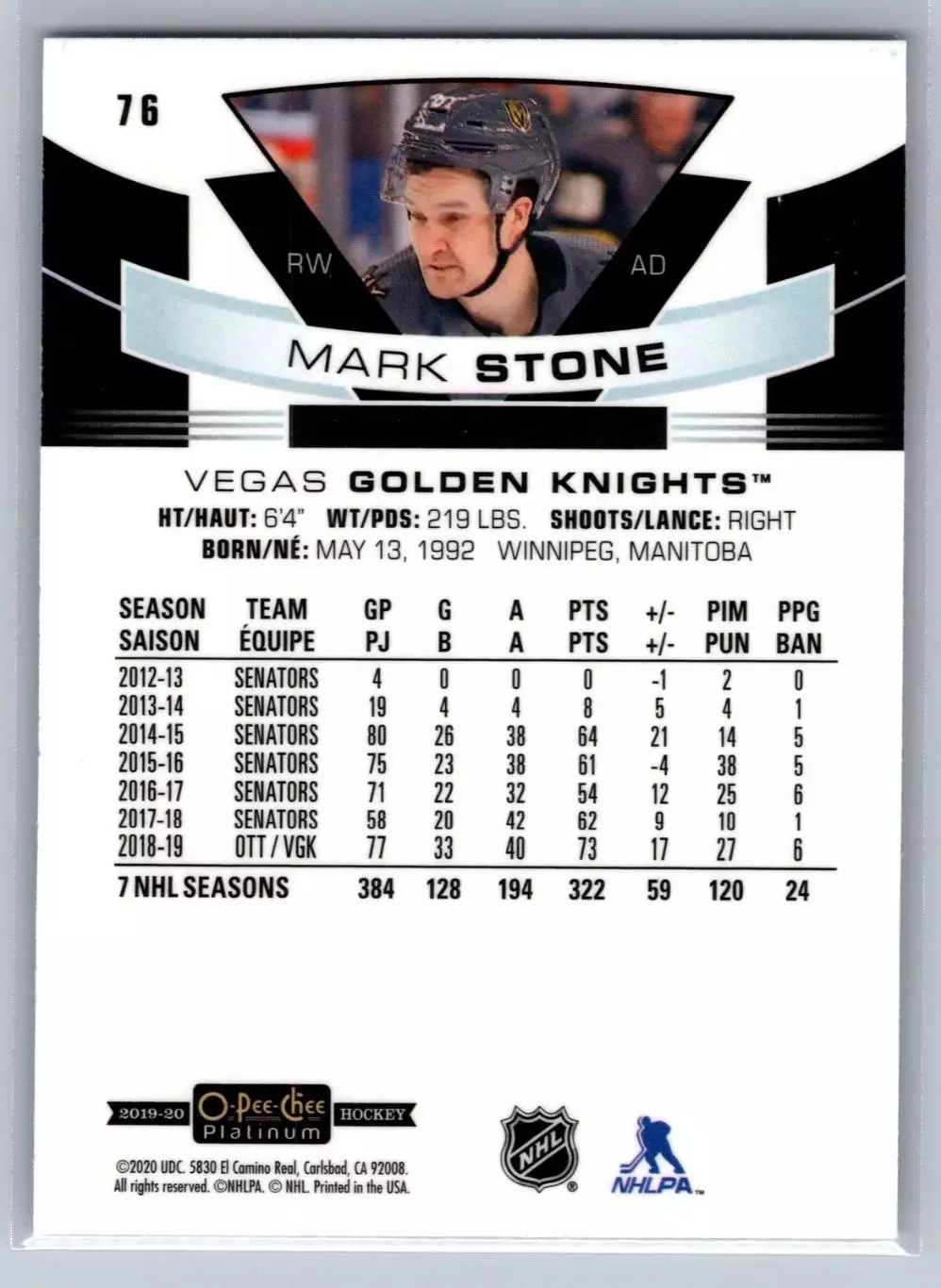 2019-20 O-Pee-Chee Platinum #76 Mark Stone 1