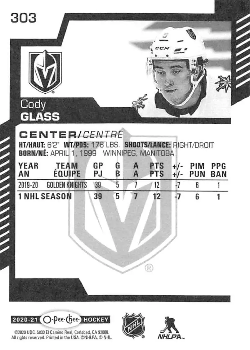 2020-21 O-Pee-Chee #303 Cody Glass 1
