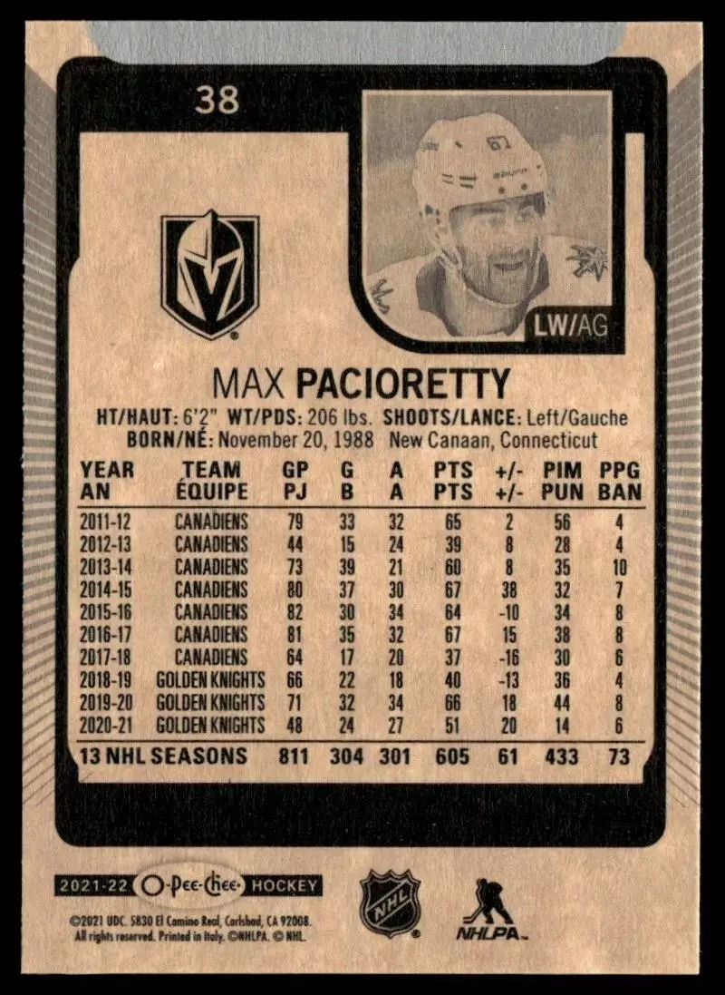 2021-22 O-Pee-Chee #38 Max Pacioretty 1