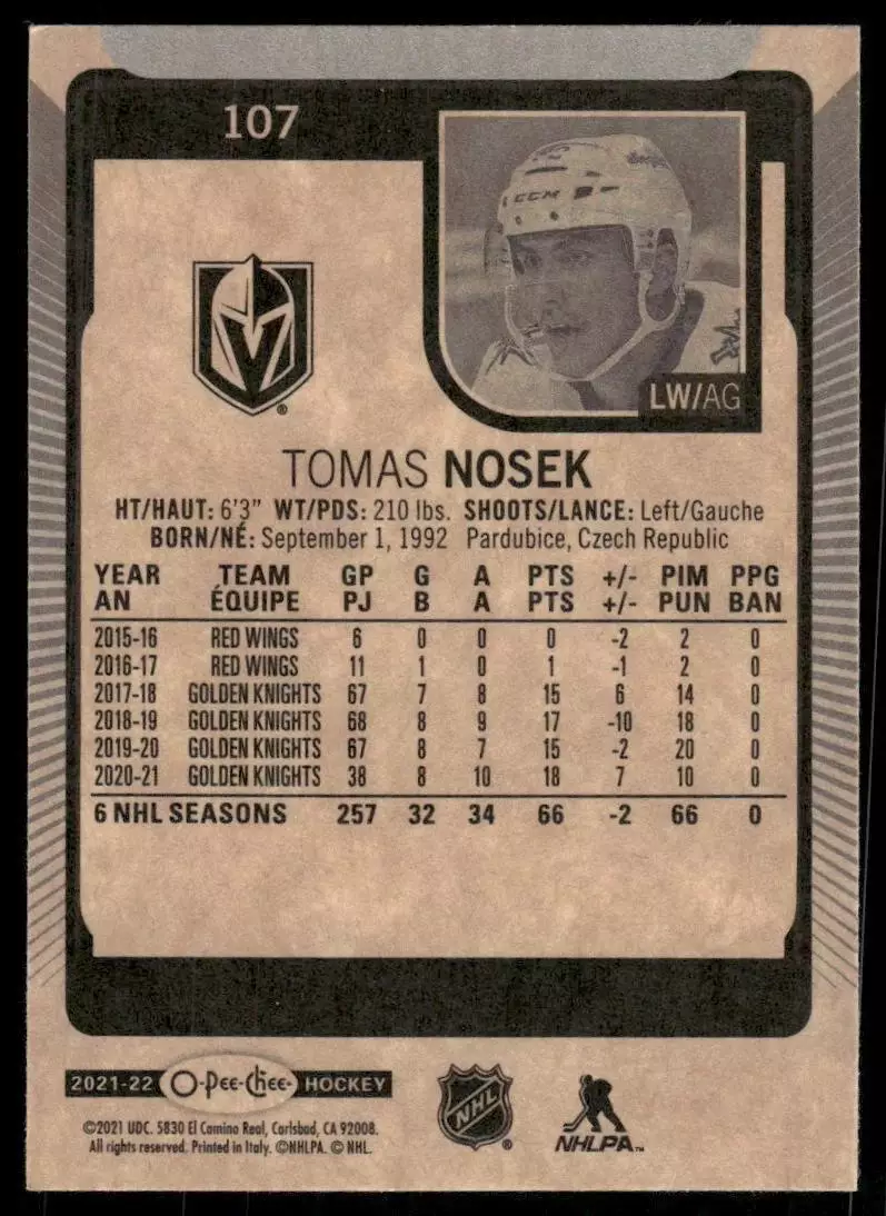 2021-22 O-Pee-Chee #107 Tomas Nosek 1