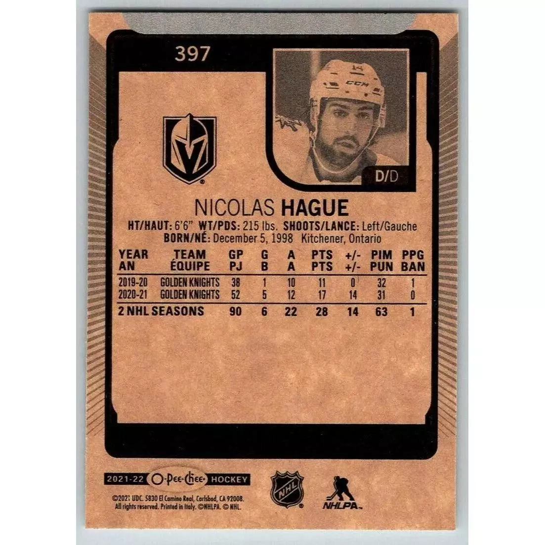 2021-22 O-Pee-Chee #397 Nicolas Hague 1