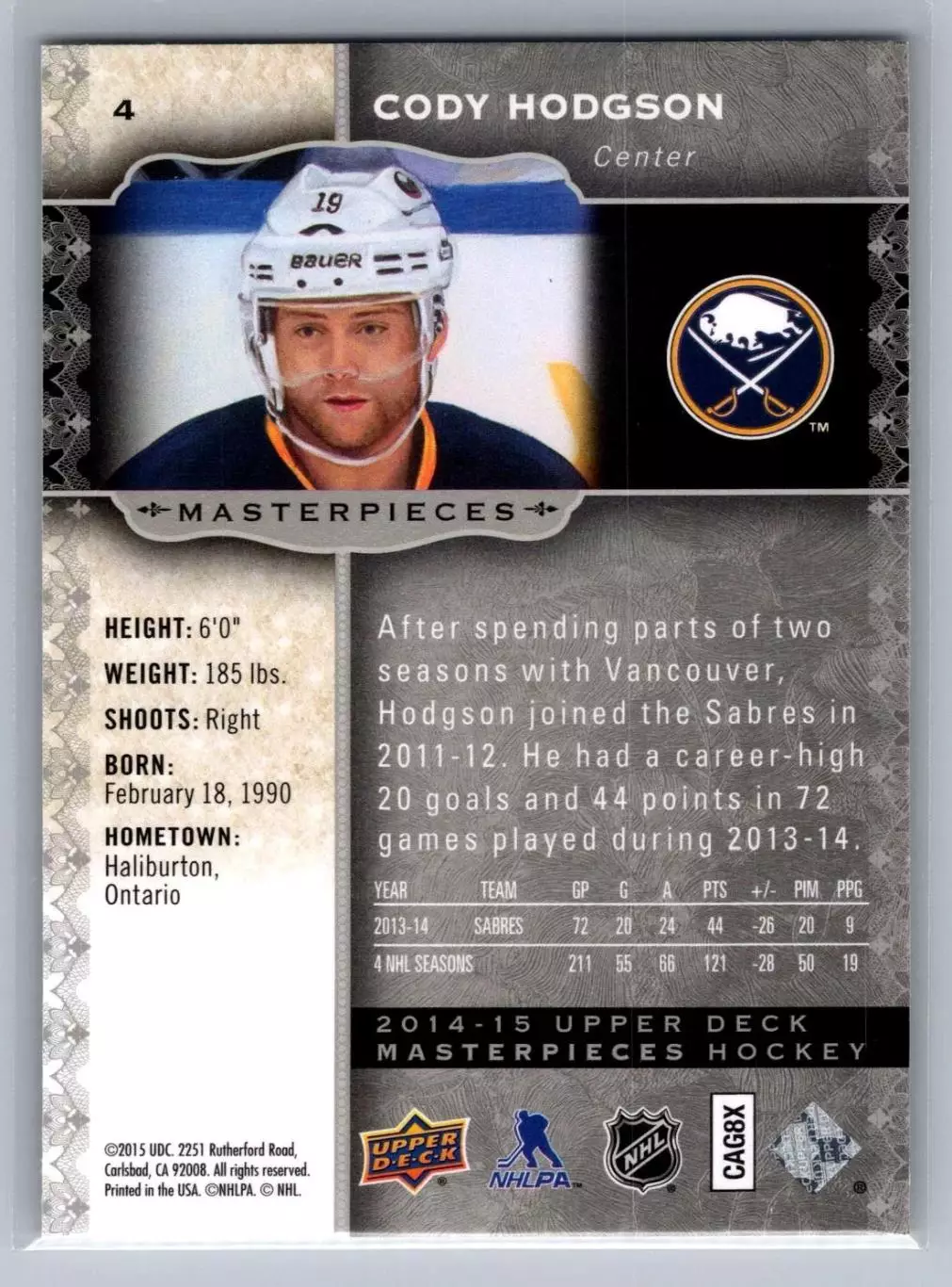 2014-15 UD Masterpieces #4 Cody Hodgson 1
