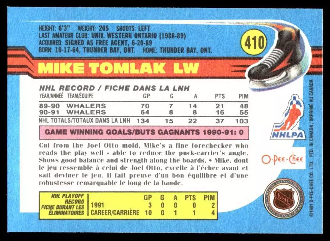 1991-92 O-Pee-Chee #410 Mike Tomlak 1