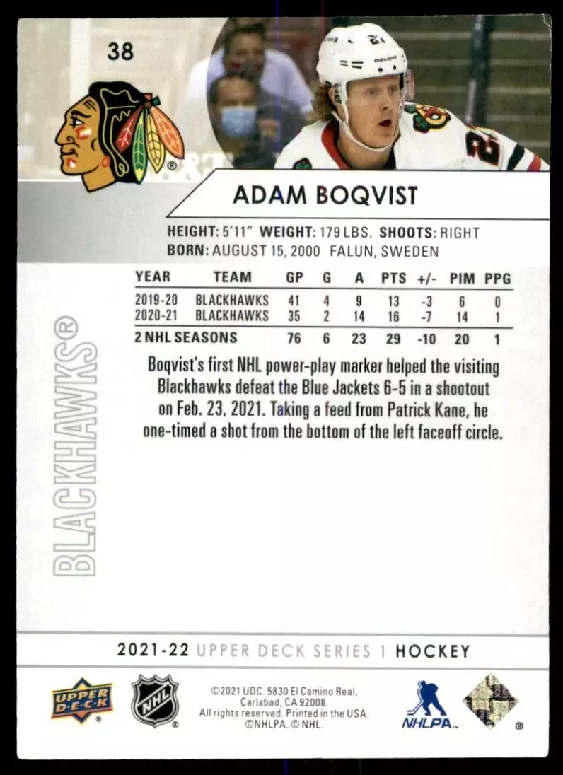 2021-22 Upper Deck #38 Adam Boqvist 1