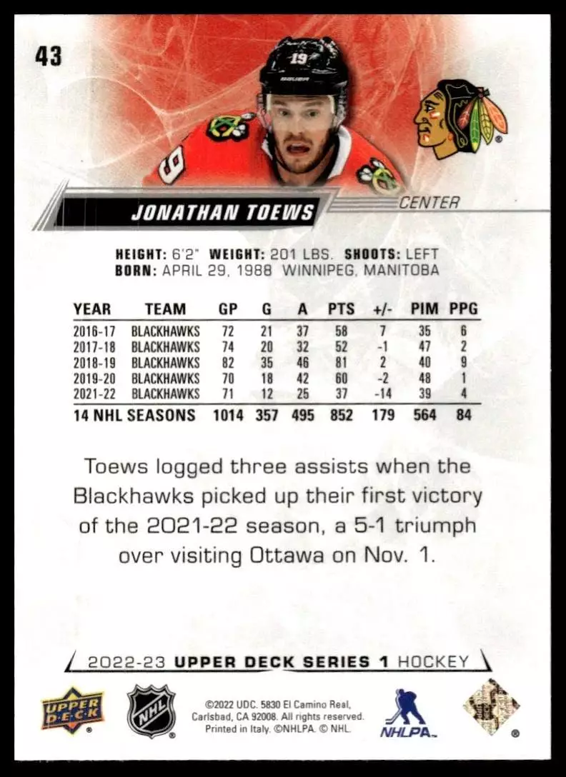 2022-23 Upper Deck #43 Jonathan Toews 1