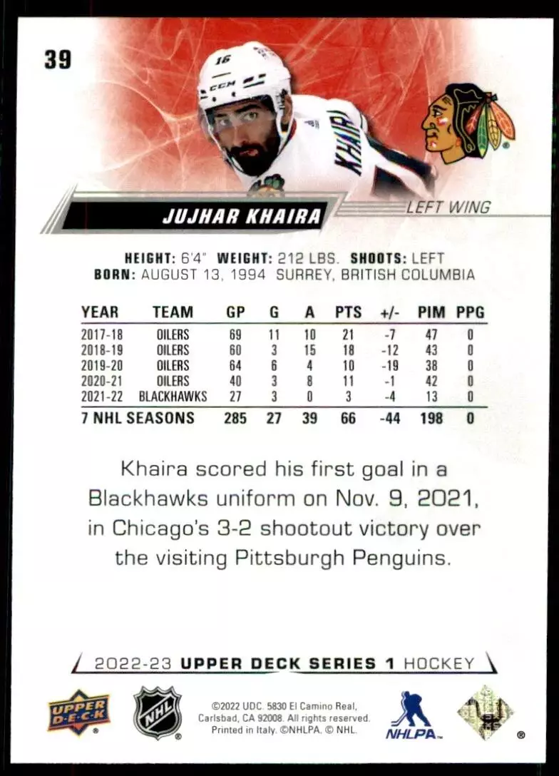 2022-23 Upper Deck #39 Jujhar Khaira 1