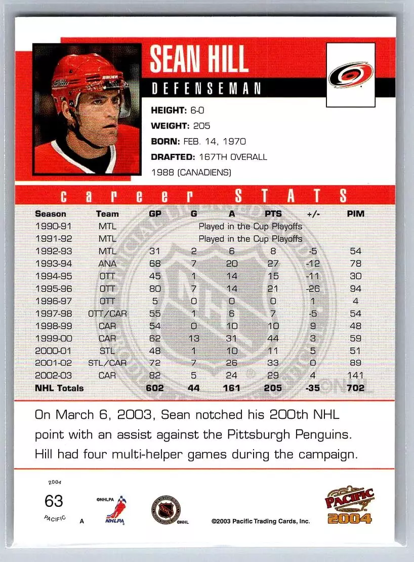 2003-04 Pacific #63 Sean Hill 1