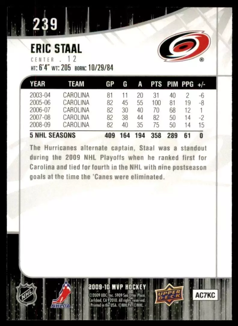 2009-10 Upper Deck MVP #239 Eric Staal 1