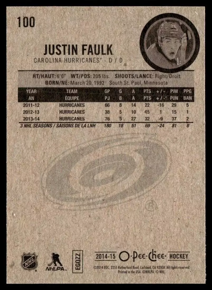2014-15 O-Pee-Chee #100 Justin Faulk 1