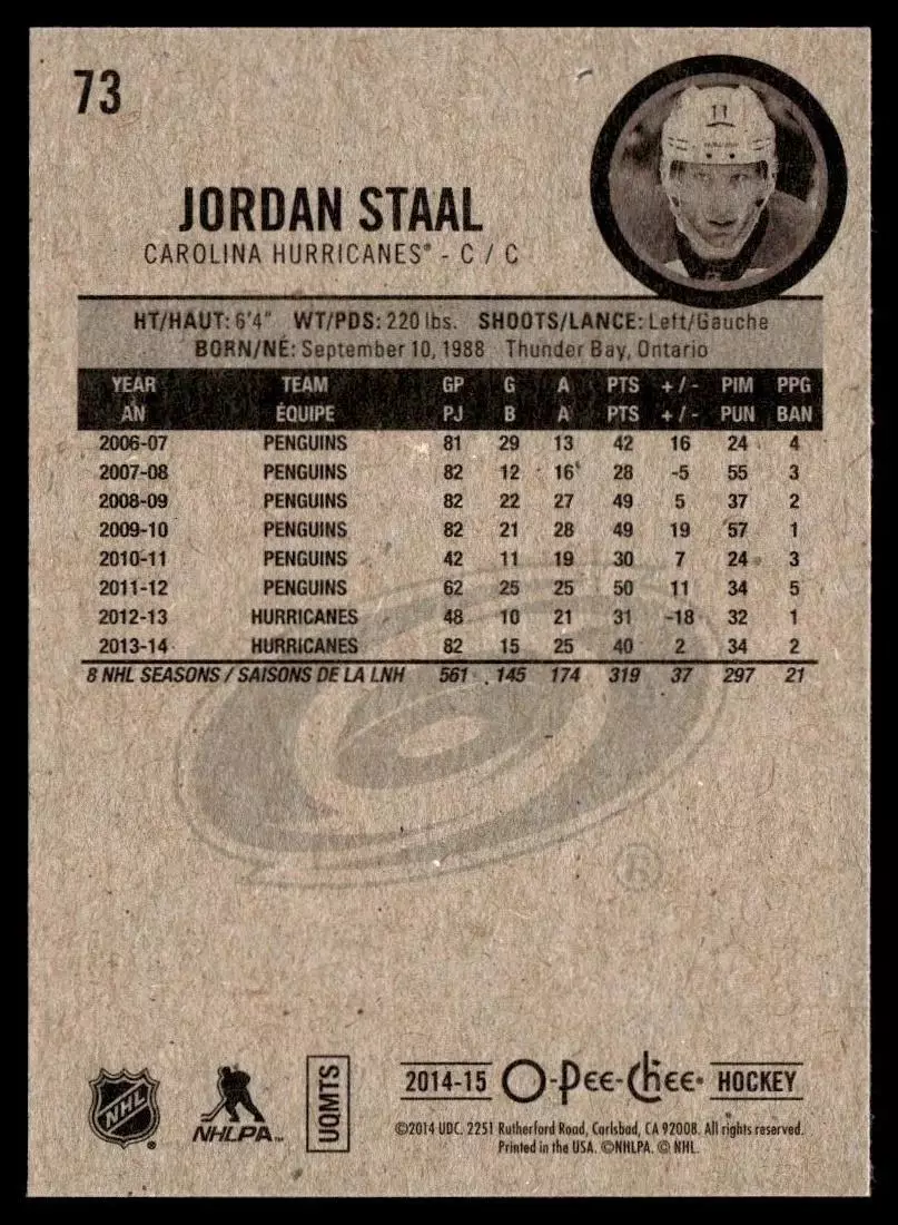 2014-15 O-Pee-Chee #73 Jordan Staal 1