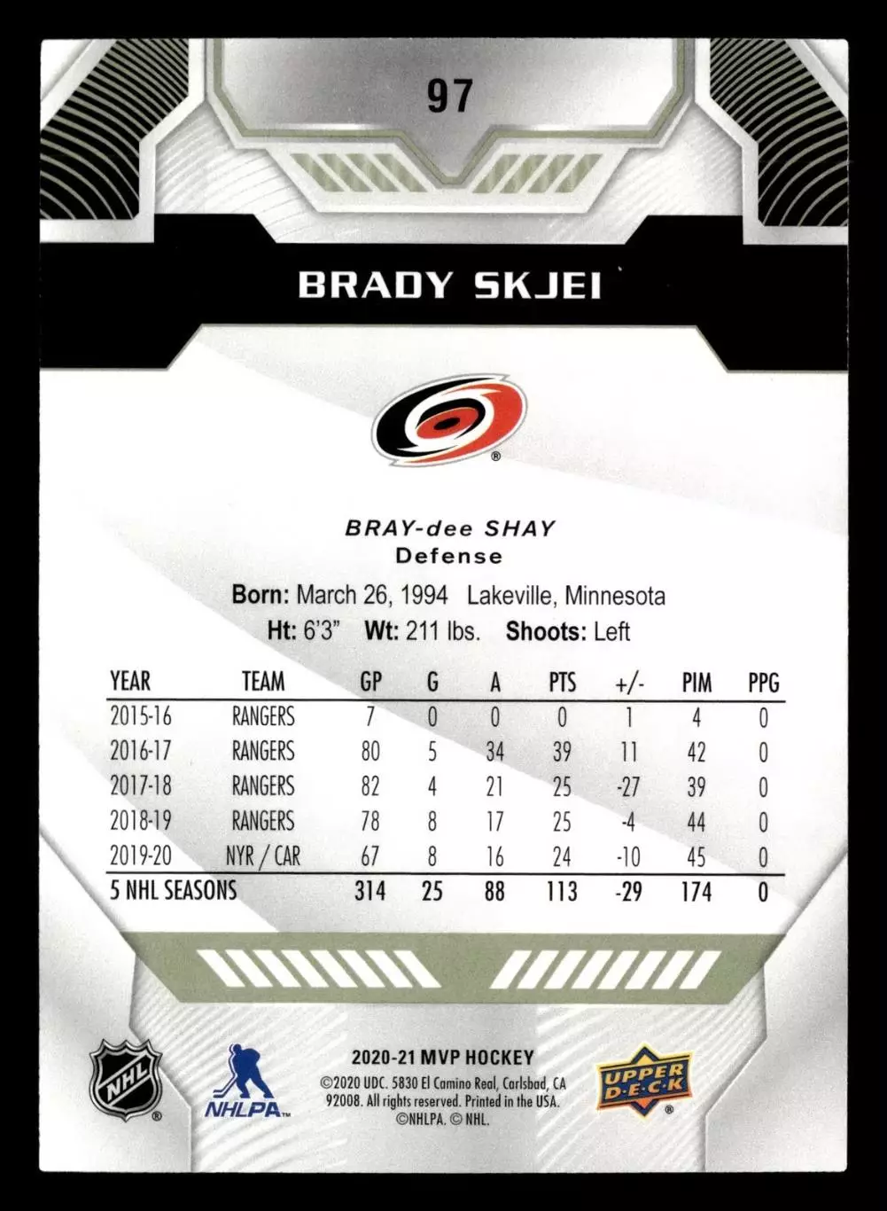 2020-21 Upper Deck MVP #97 Brady Skjei 1