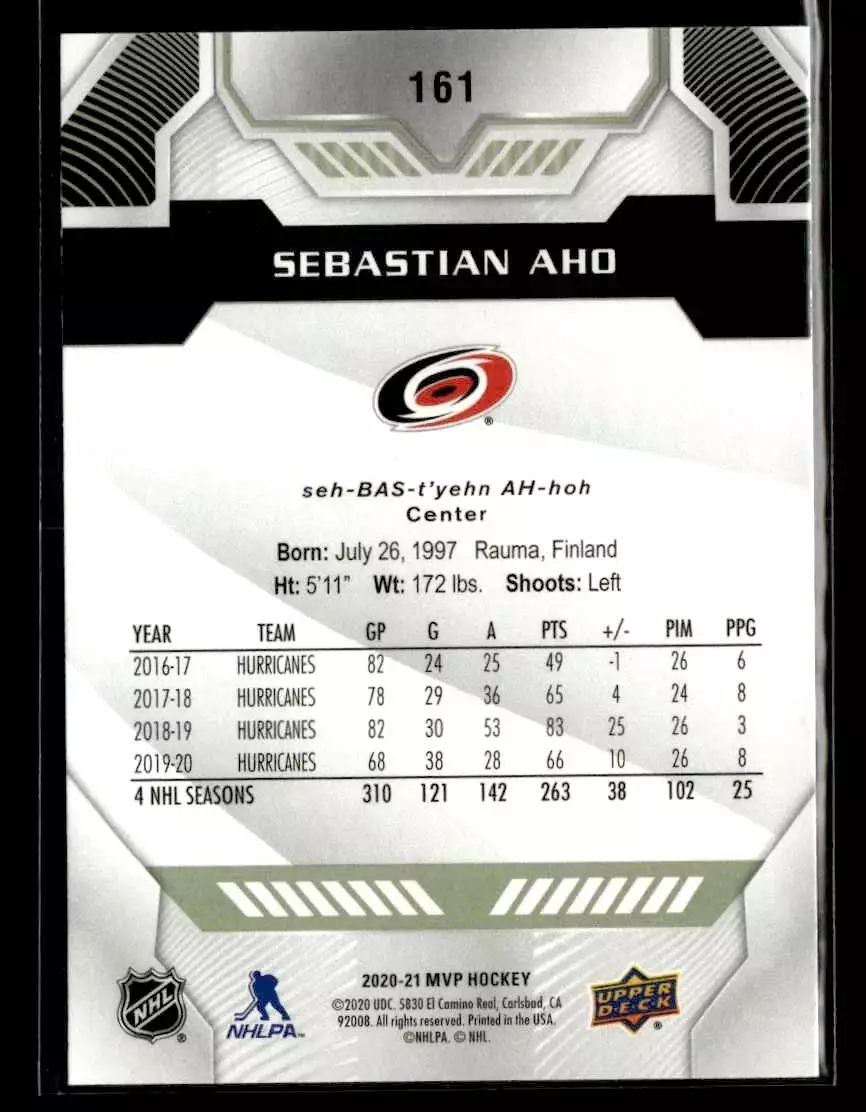 2020-21 Upper Deck MVP #161 Sebastian Aho 1