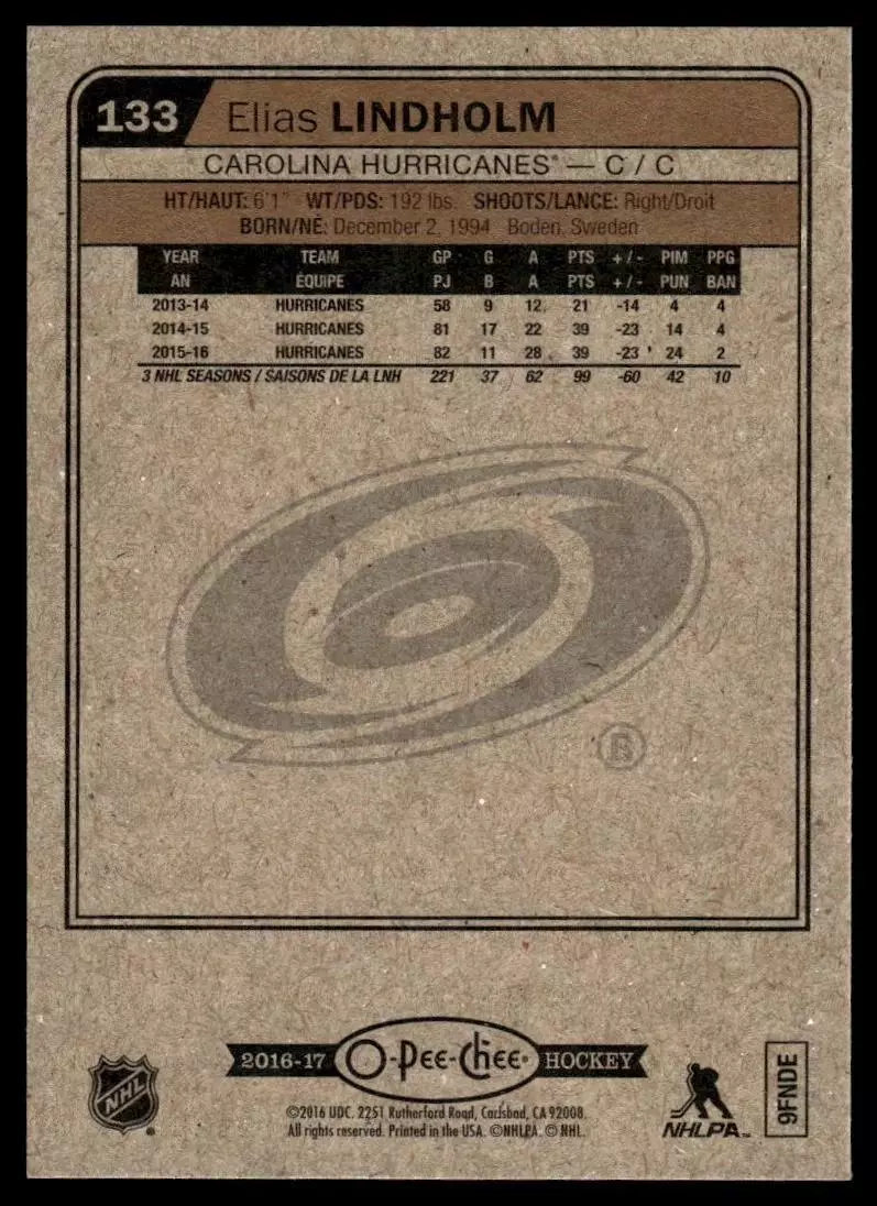 2016-17 O-Pee-Chee #133 Elias Lindholm 1