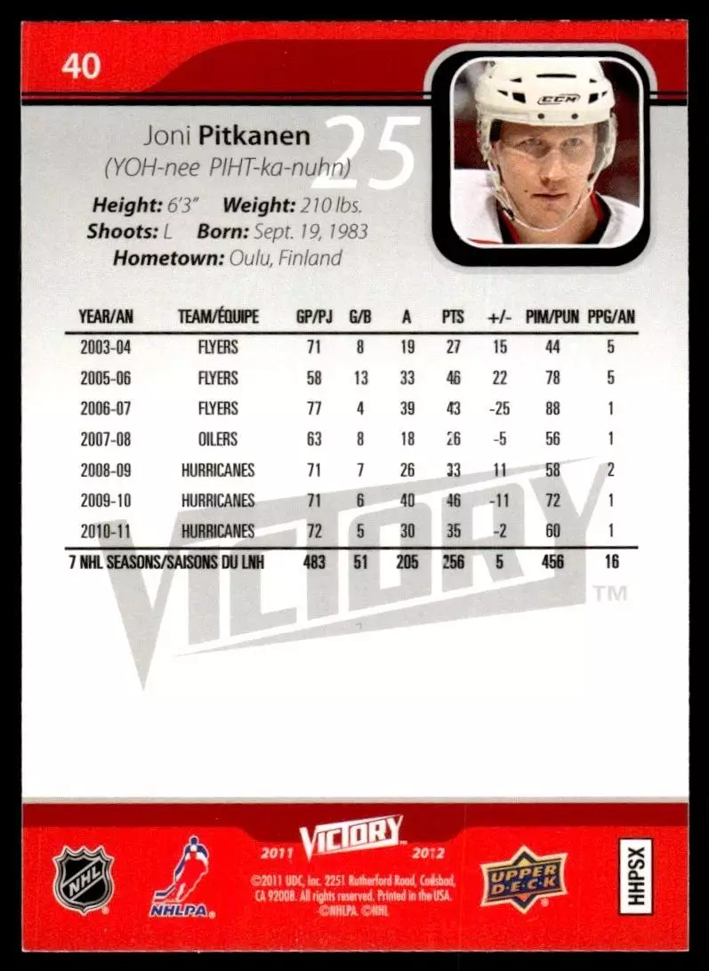 2011-12 Upper Deck Victory #40 Joni Pitkanen 1